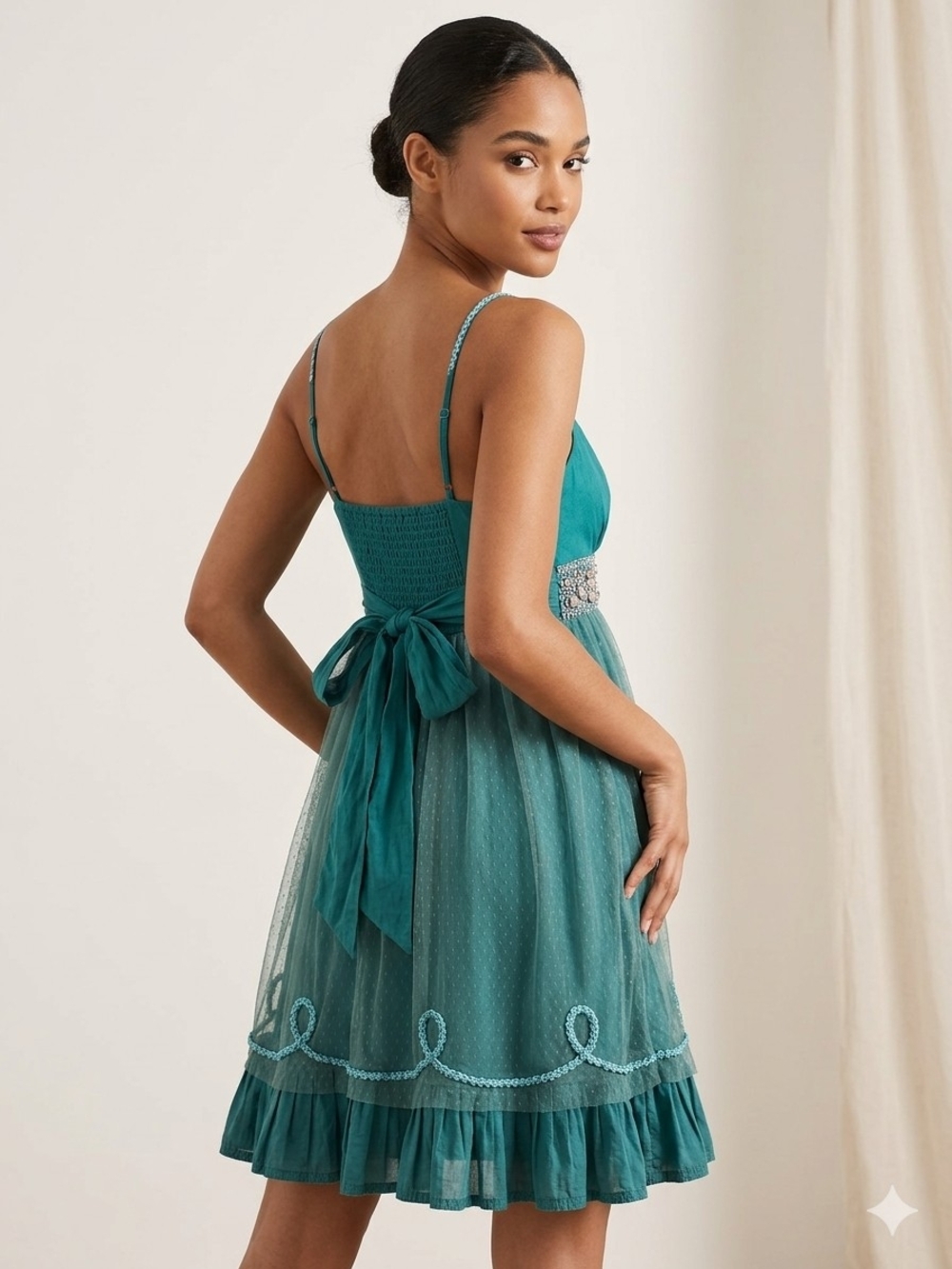 Free People Teal Spaghetti-Strap Midi Dress with Bow Tie Waist